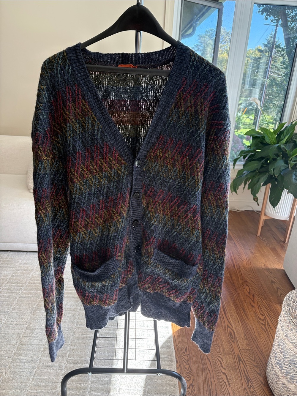 Missoni Multicolored V-Neck Cardigan in Navy with Red, Green & Gold Accents